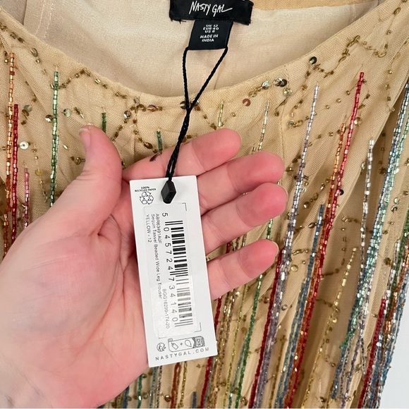 Nasty Gal Yellow Tan Tassel Beaded Sequin Flare Pants NWT sz 8 - Picture 5 of 15